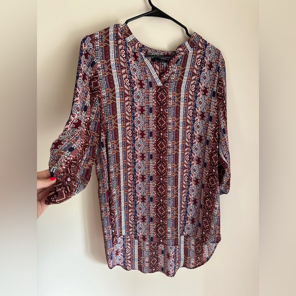 Bohemian Aztec Sheer Long  Blouse by Sami & Jo Long Sleeve Womens Size S